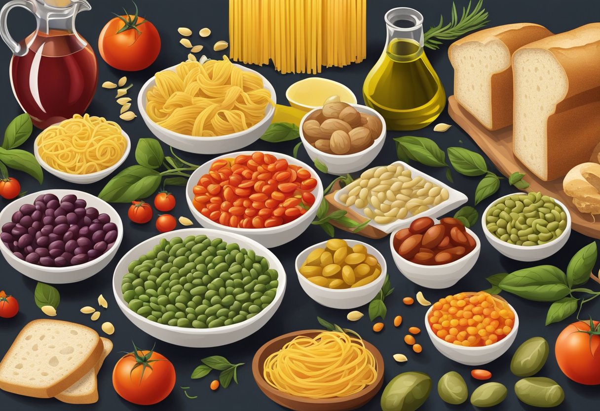 A table set with a variety of legumes, white bread, and pasta, surrounded by colorful Mediterranean ingredients like tomatoes, olives, and olive oil