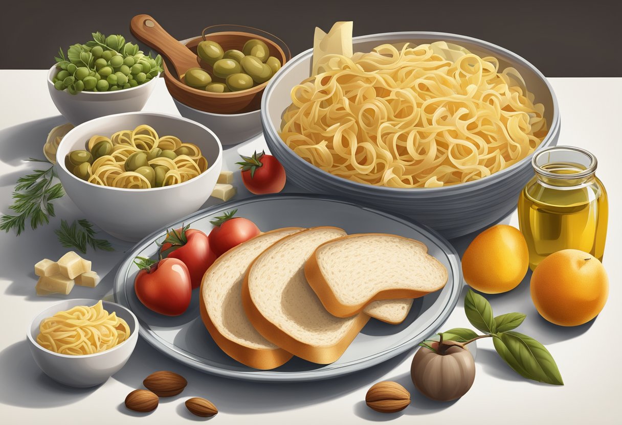 A table with a loaf of white bread and a bowl of pasta surrounded by Mediterranean diet-friendly foods like fruits, vegetables, nuts, and olive oil