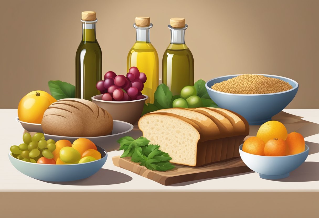 A table set with colorful fruits, vegetables, and grains. A loaf of gluten-free bread and a bottle of olive oil are prominently displayed