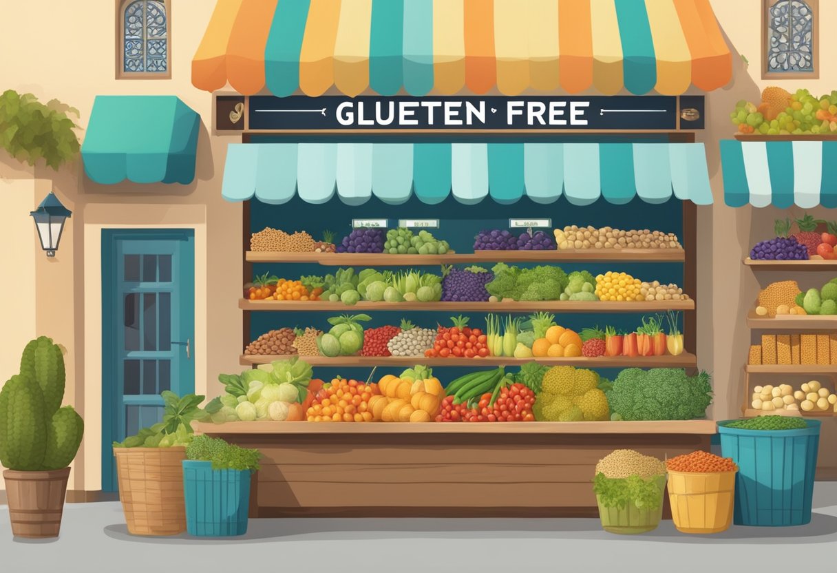 A colorful Mediterranean market with fresh fruits, vegetables, and grains. A sign reads "Gluten-Free" with various gluten-free products displayed