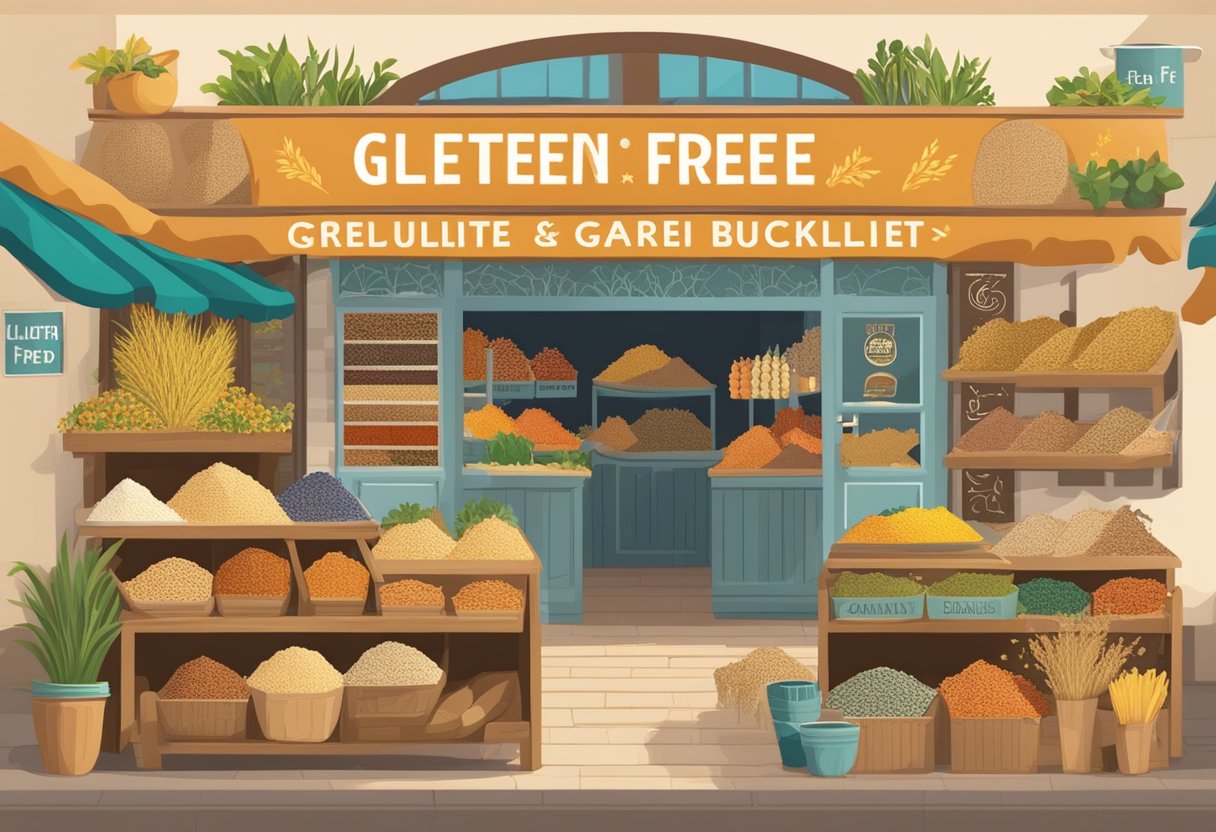 A vibrant Mediterranean marketplace with colorful displays of quinoa, rice, millet, and buckwheat. A sign advertises "Gluten-Free Grains" in bold lettering