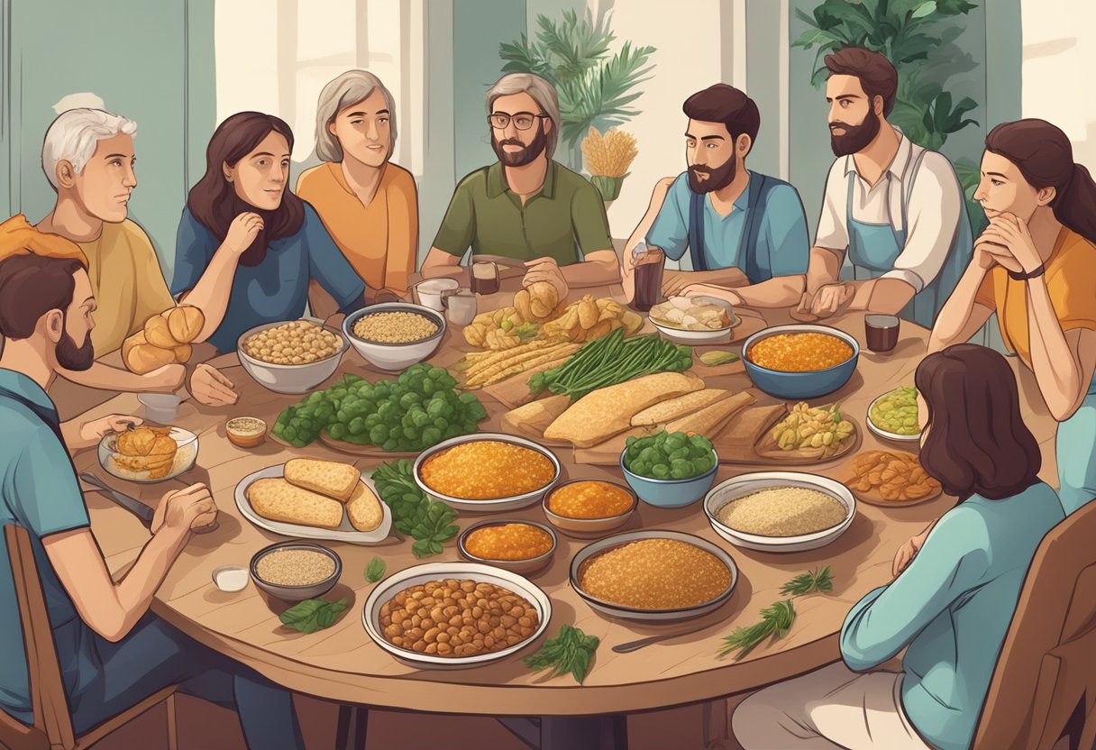 A table with a variety of gluten-free Mediterranean foods, surrounded by a group of people asking questions about celiac and gluten sensitivity