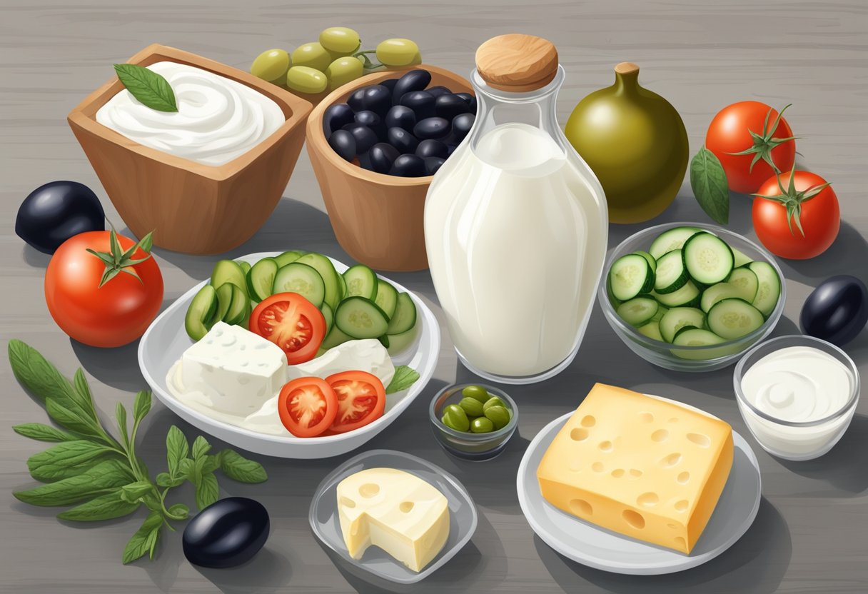 A table set with yogurt, cheese, and kefir surrounded by olives, tomatoes, and cucumbers, all on a gluten-free Mediterranean diet