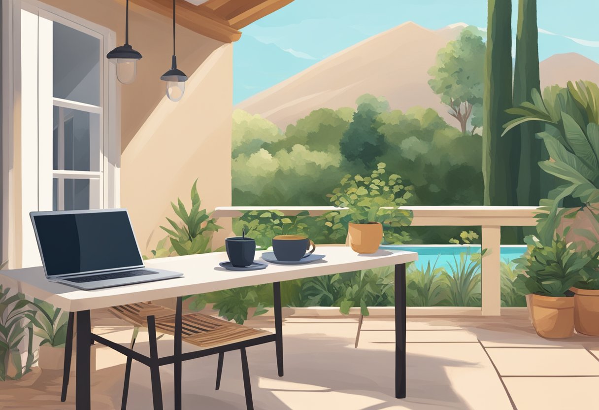 A serene Mediterranean landscape with a modern twist: A cozy outdoor patio with lush greenery, a laptop on a table, and a smartphone nearby