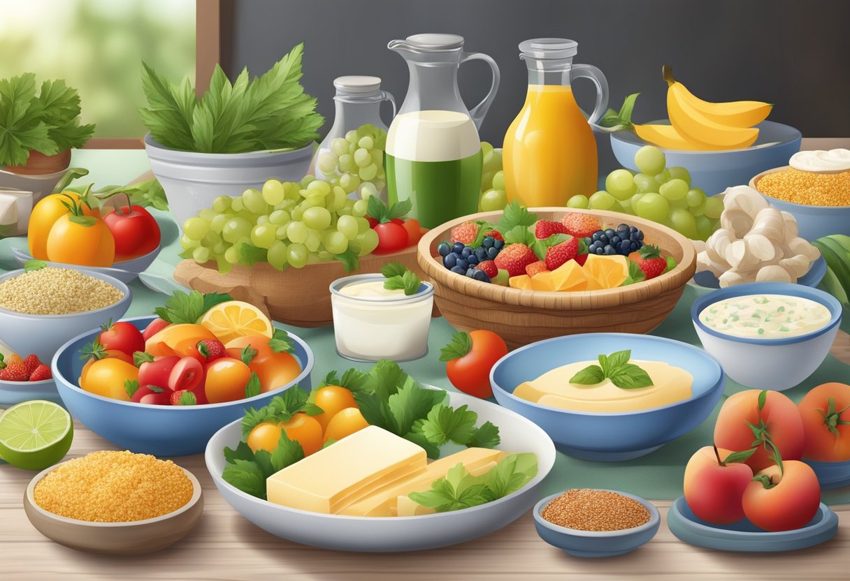 A table set with colorful Mediterranean dishes, including low-fat and fermented dairy products, surrounded by fresh fruits, vegetables, and grains