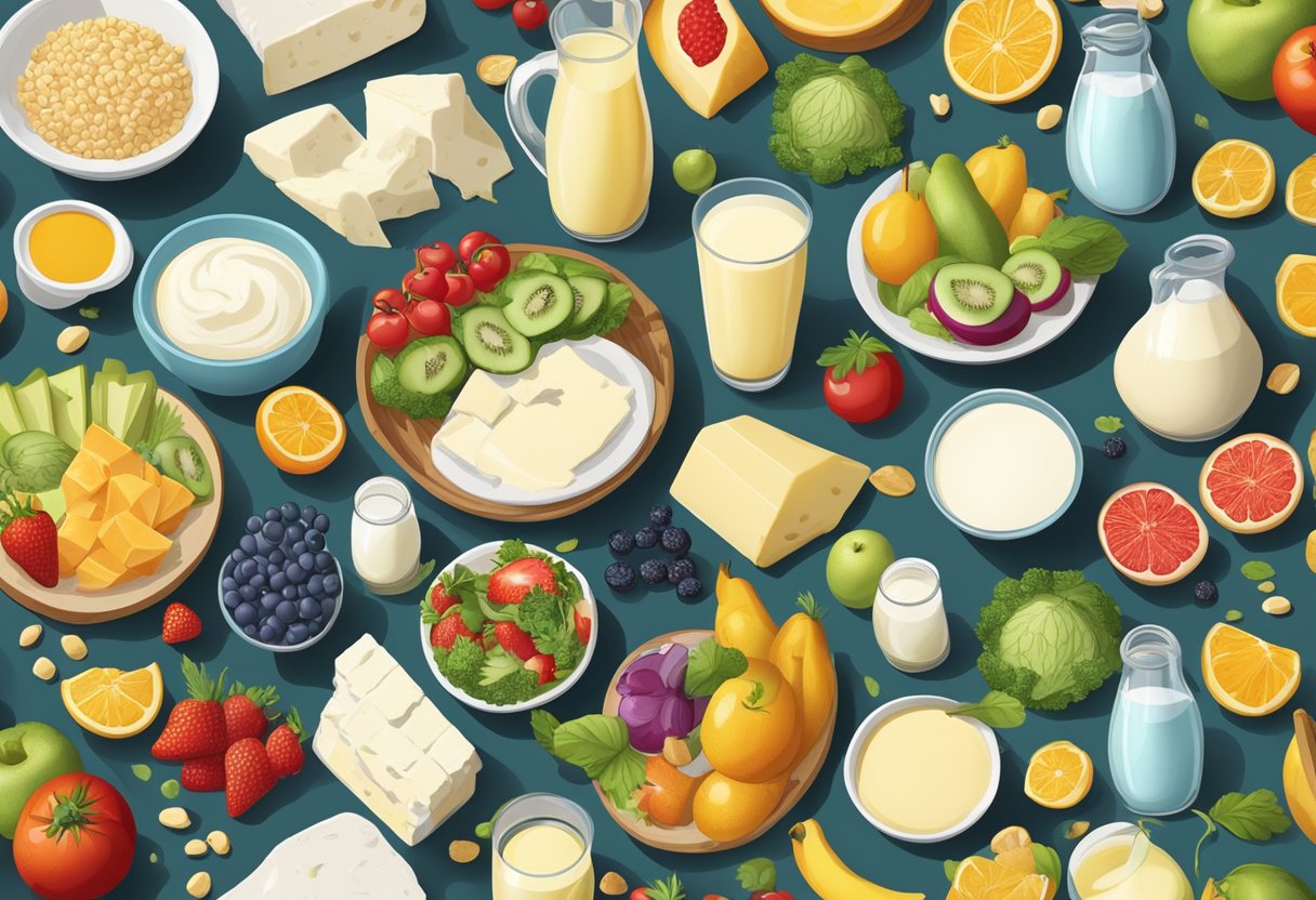 A table with low-fat dairy products like yogurt and cheese, alongside gluten-free Mediterranean foods like olives and vegetables