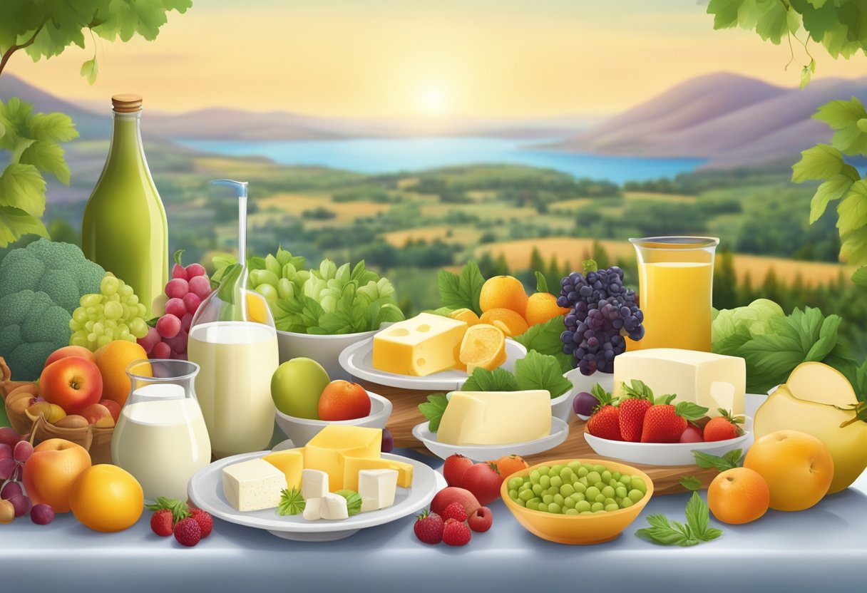 A table set with a variety of low-fat and fermented dairy products, surrounded by colorful fruits and vegetables, with a Mediterranean landscape in the background