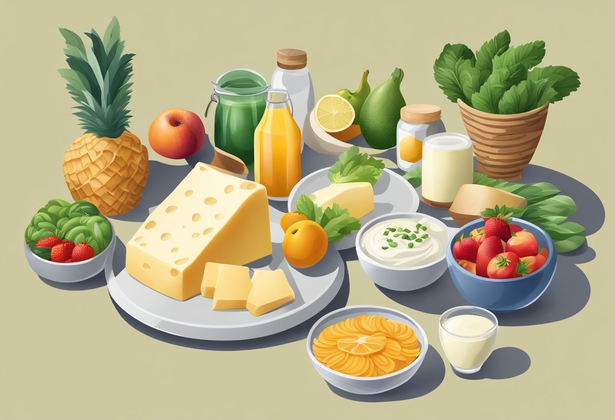 A table set with various low-fat and fermented dairy products, surrounded by Mediterranean fruits and vegetables. A gluten-free logo prominently displayed