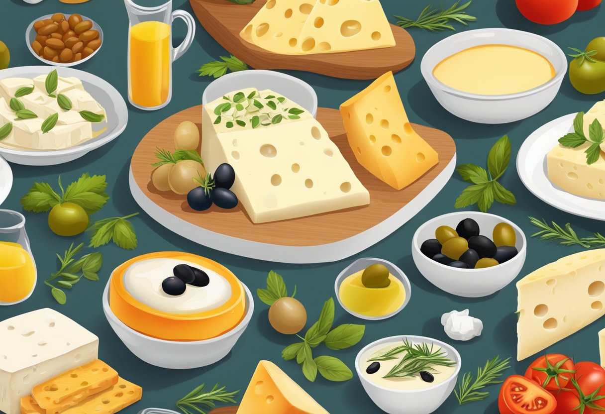 A table with a variety of high-fat cheeses and creams, surrounded by colorful Mediterranean ingredients like olives, tomatoes, and herbs