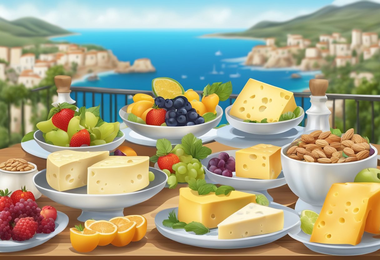 A table set with a variety of high-fat cheeses and creams, surrounded by colorful fruits, vegetables, and nuts. The Mediterranean sea in the background