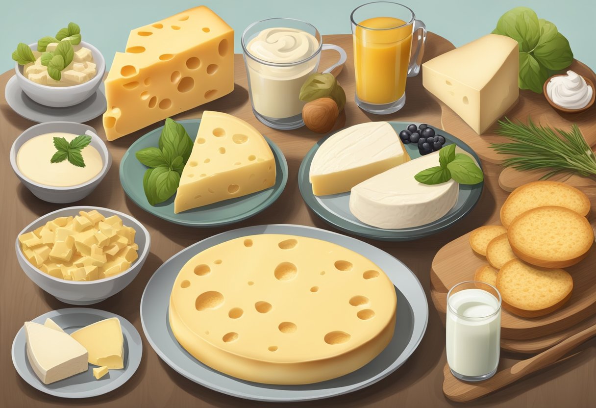 A table displays a variety of high-fat cheeses and creams alongside gluten-free Mediterranean diet foods