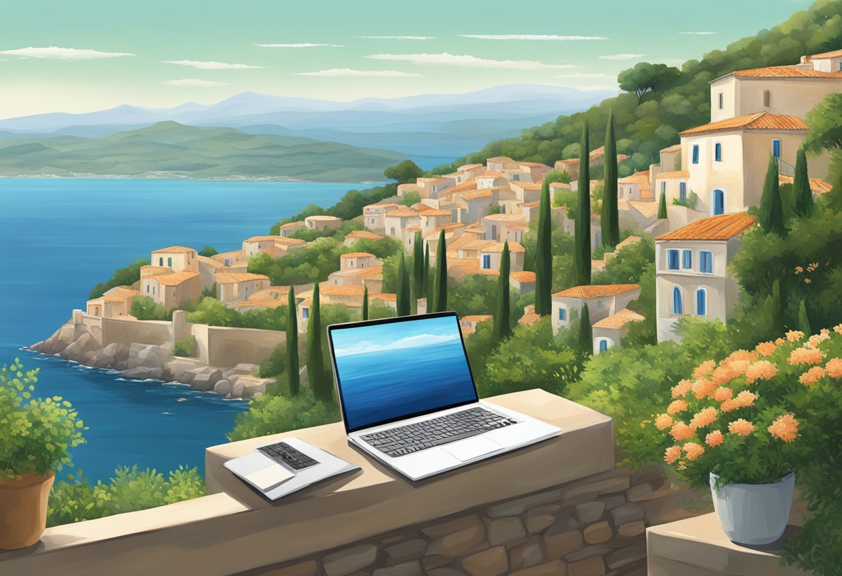 A serene Mediterranean landscape with a laptop nestled among lush greenery, overlooking a calm sea with a traditional village in the distance