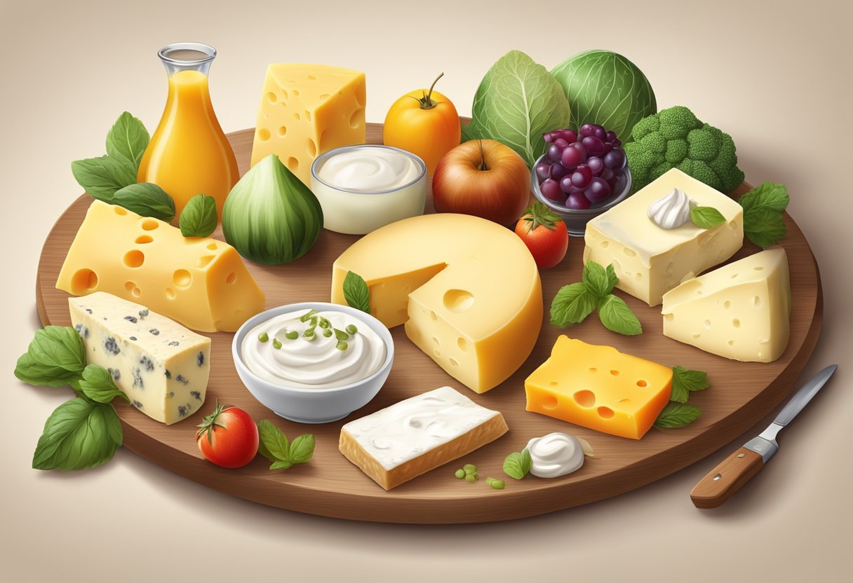 A table set with a variety of high-fat cheeses and creams alongside colorful Mediterranean fruits and vegetables