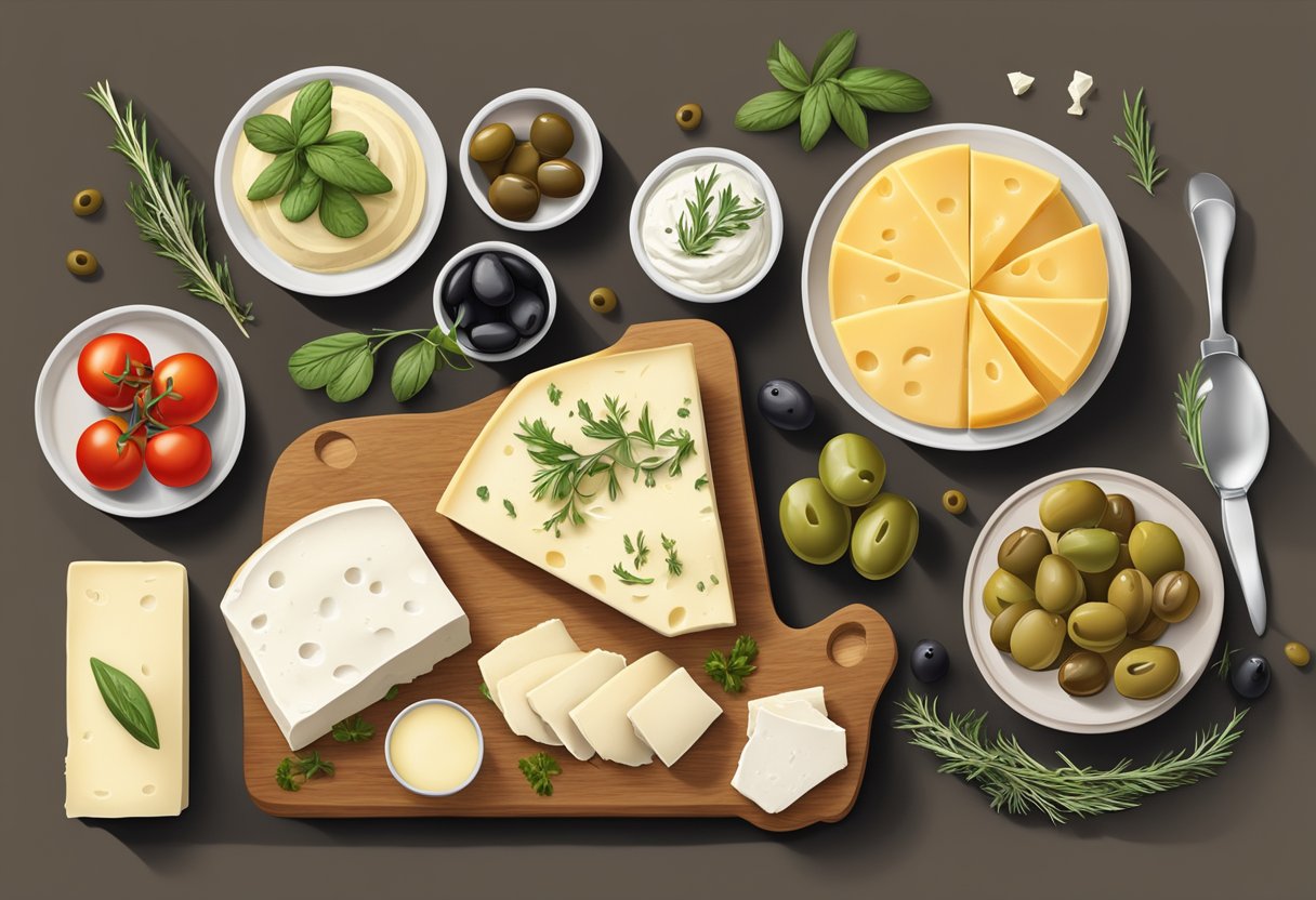 A table set with a variety of high-fat cheeses and creams, accompanied by gluten-free Mediterranean diet staples like olives, tomatoes, and fresh herbs