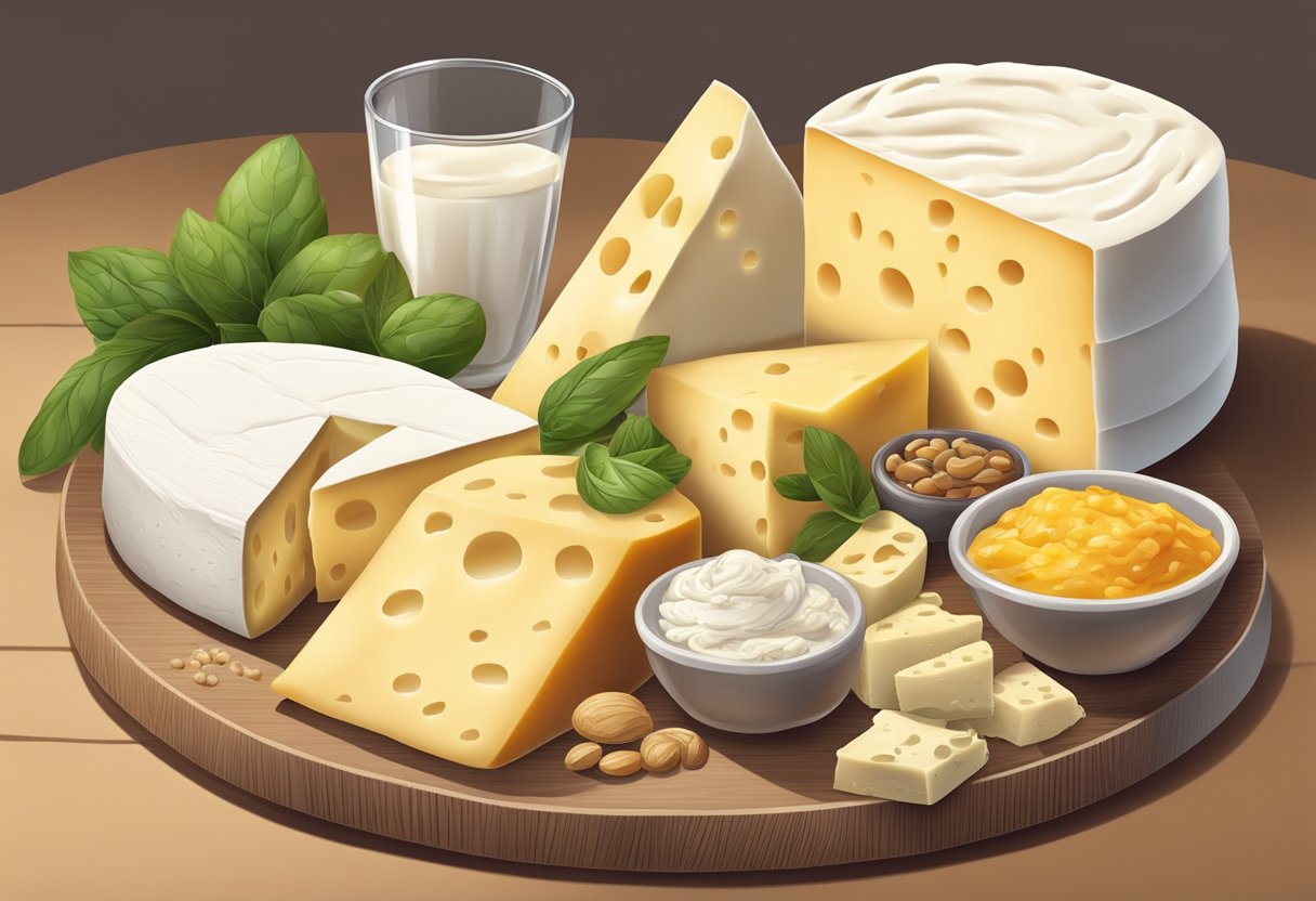 A table spread with high-fat cheeses, creams, and gluten-free Mediterranean ingredients