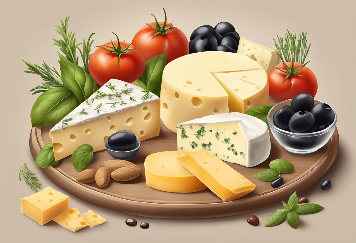 A table with a variety of high-fat cheeses and creams, alongside gluten-free Mediterranean ingredients like olives, tomatoes, and fresh herbs