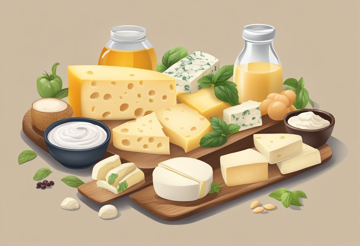 A table with various high-fat cheeses and creams, alongside Mediterranean diet-friendly ingredients. Labels indicate gluten-free options