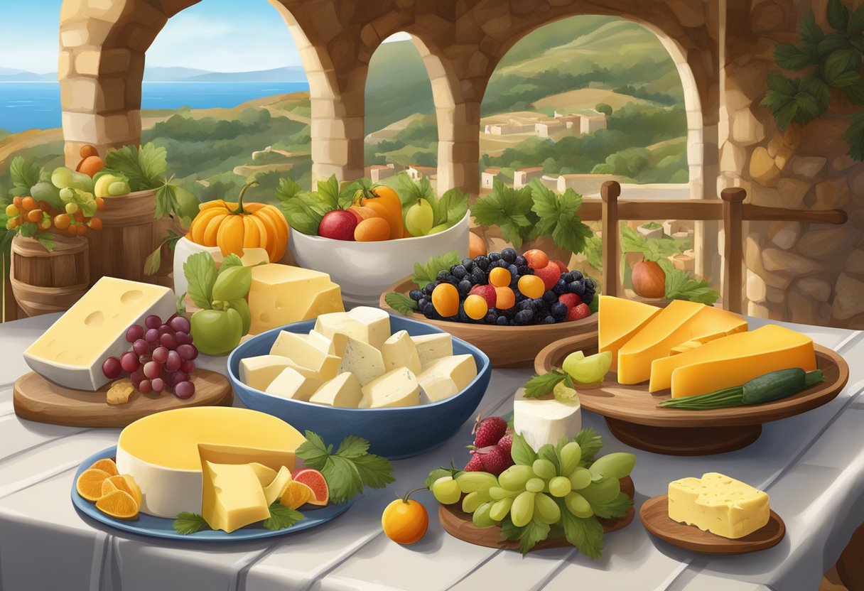 A table set with an array of high-fat cheeses and creams, surrounded by colorful Mediterranean fruits and vegetables, with a backdrop of rustic Mediterranean scenery