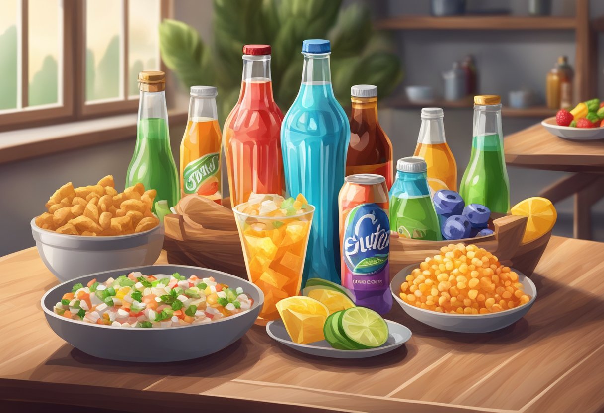 A table with colorful bottles of soda and sugary beverages next to a variety of gluten-free Mediterranean food items