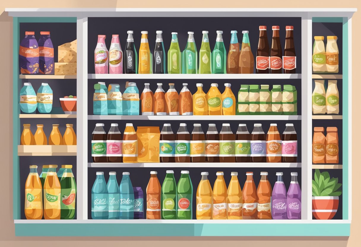 A shelf filled with gluten-free sodas and sugary beverages, surrounded by Mediterranean diet-friendly products