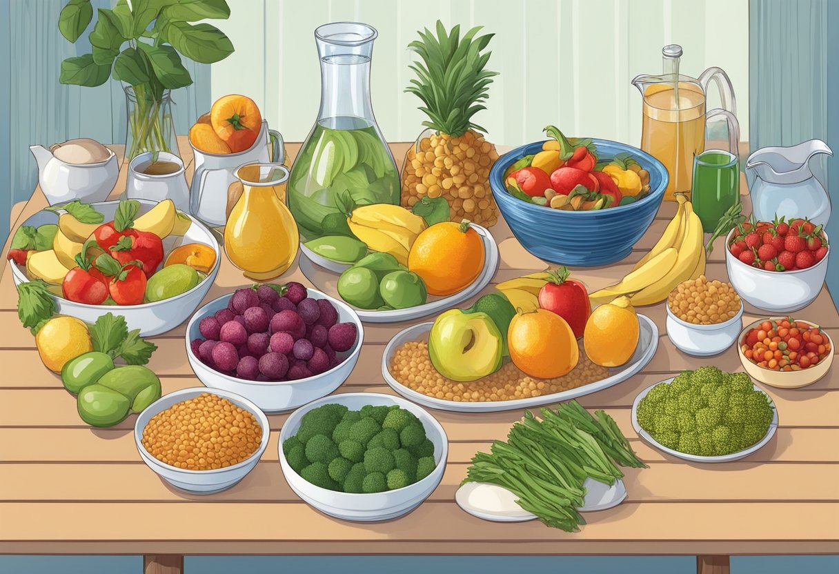 A table set with colorful fruits, vegetables, and grains, with a pitcher of water and a variety of gluten-free Mediterranean dishes