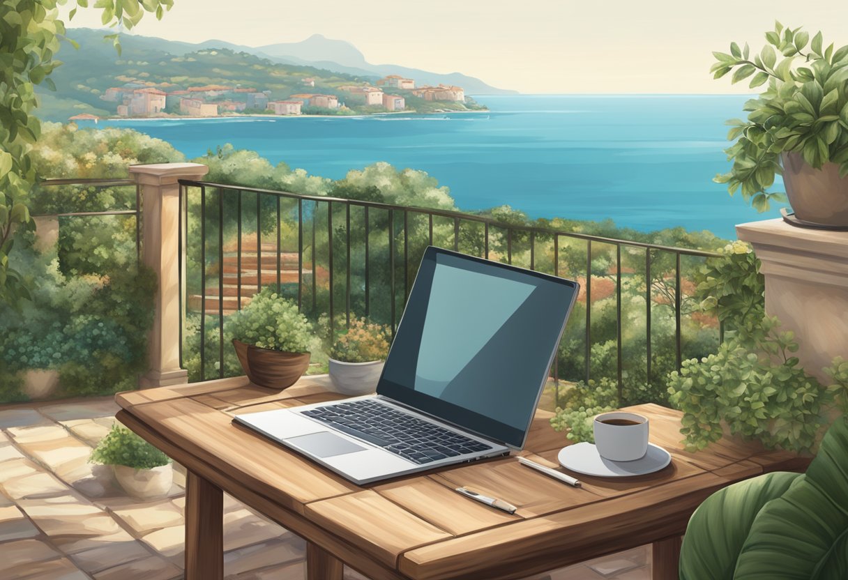 A serene Mediterranean villa with a laptop on a rustic table, surrounded by lush greenery and a view of the sea