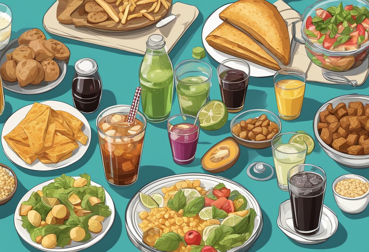 A table with a variety of sodas and sugary beverages next to a spread of Mediterranean diet foods, with a caution sign and a list of health risks