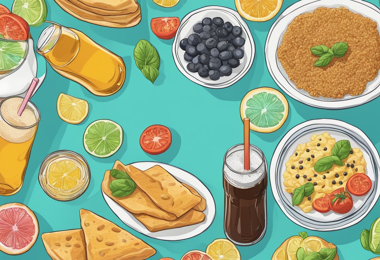 A colorful array of gluten-free Mediterranean foods with sodas and sugary beverages in the background. Research papers and trend reports scattered around