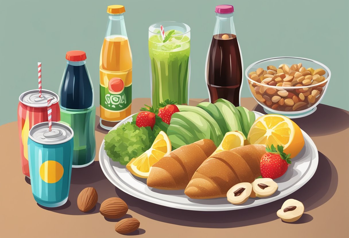 A table with a variety of sodas and sugary beverages next to a plate of Mediterranean diet-friendly foods, such as fruits, vegetables, and nuts