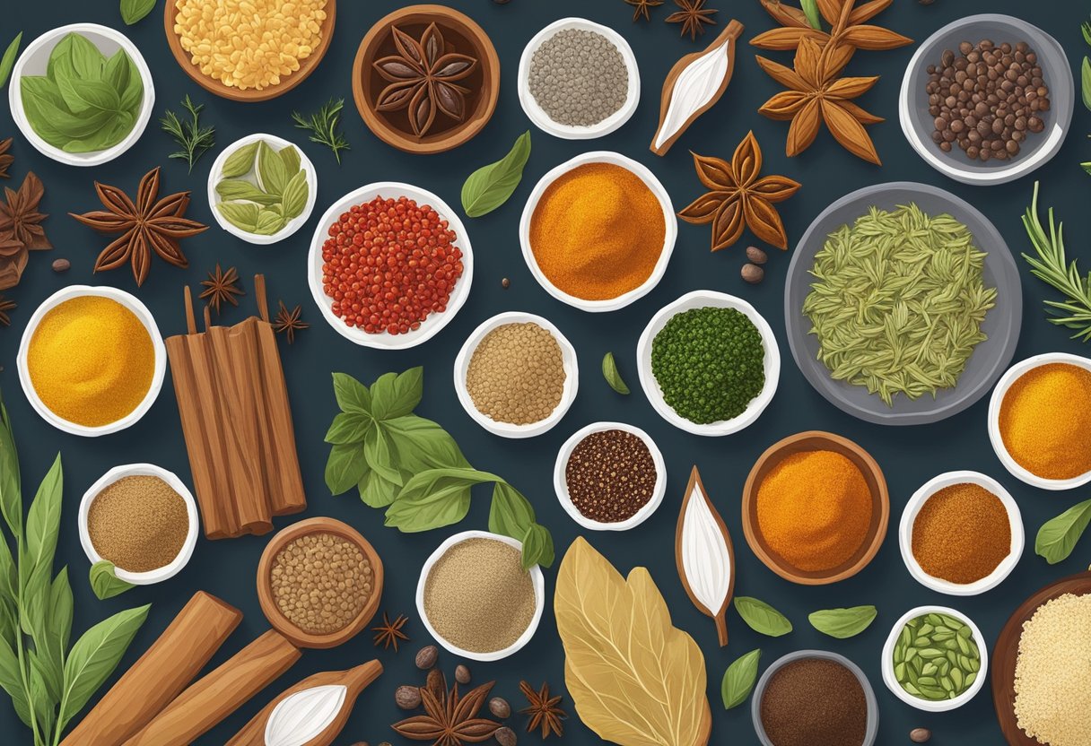 A colorful array of non-Mediterranean spices and herbs arranged on a table, alongside gluten-free Mediterranean dishes