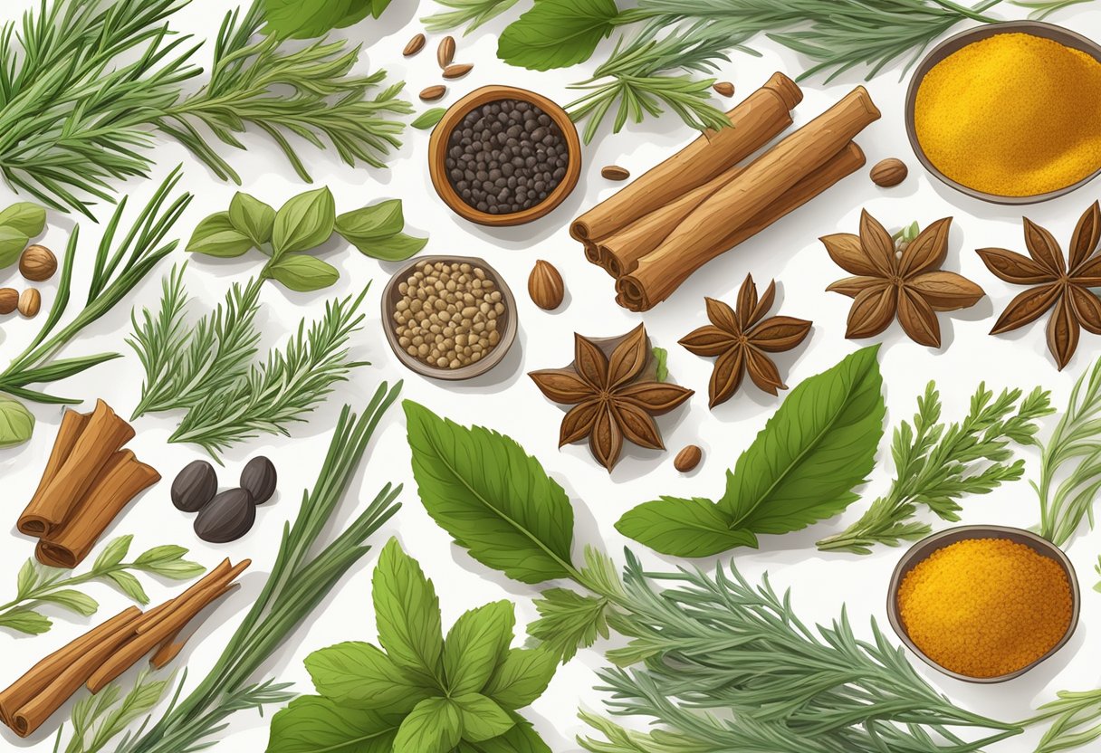 A variety of non-Mediterranean spices and herbs are arranged on a table, including turmeric, cumin, and coriander, alongside fresh rosemary and thyme