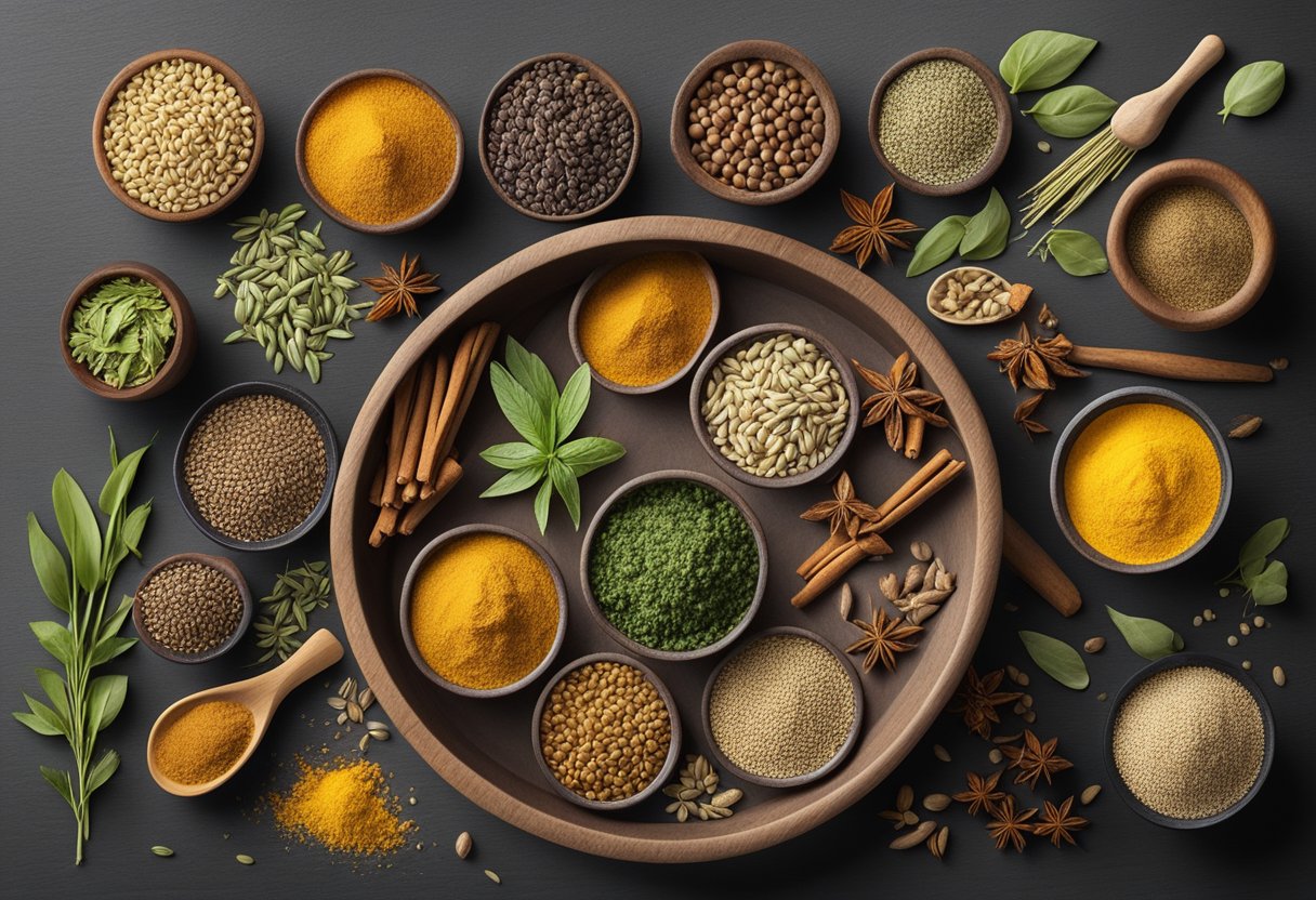 A variety of non-Mediterranean spices and herbs arranged on a table, including cumin, turmeric, coriander, and ginger. A bowl of gluten-free grains sits nearby