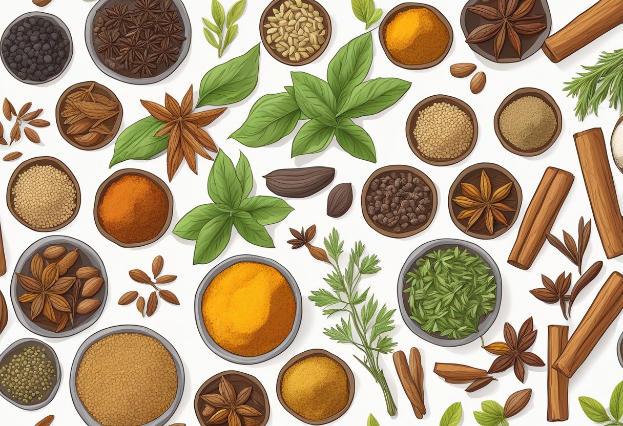 A variety of non-Mediterranean spices and herbs laid out on a table, including cumin, turmeric, coriander, and paprika