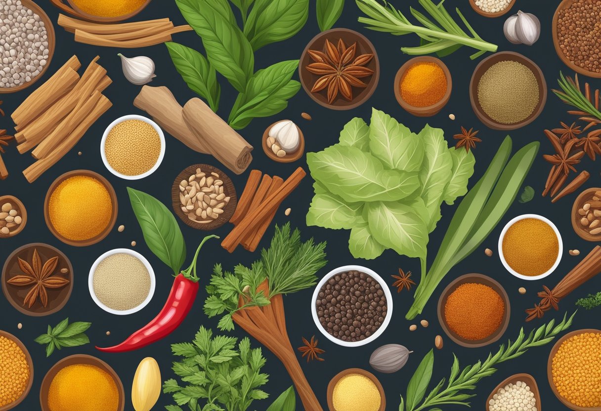 A colorful array of non-Mediterranean spices and herbs are arranged next to a variety of protein sources, all part of the gluten-free Mediterranean diet