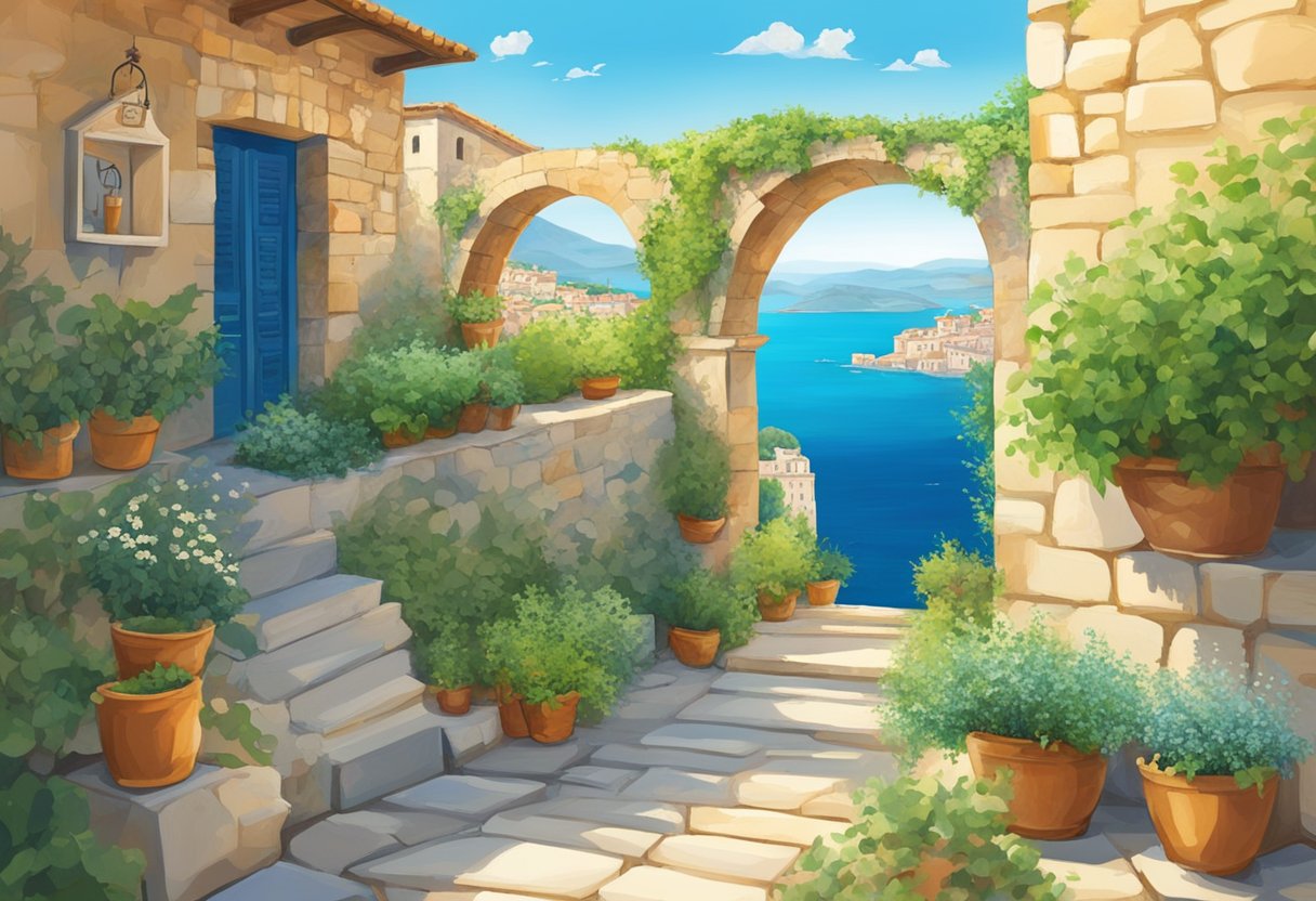 A vibrant Mediterranean landscape with herbs growing abundantly in the warm sun, surrounded by ancient stone buildings and a clear blue sea in the distance