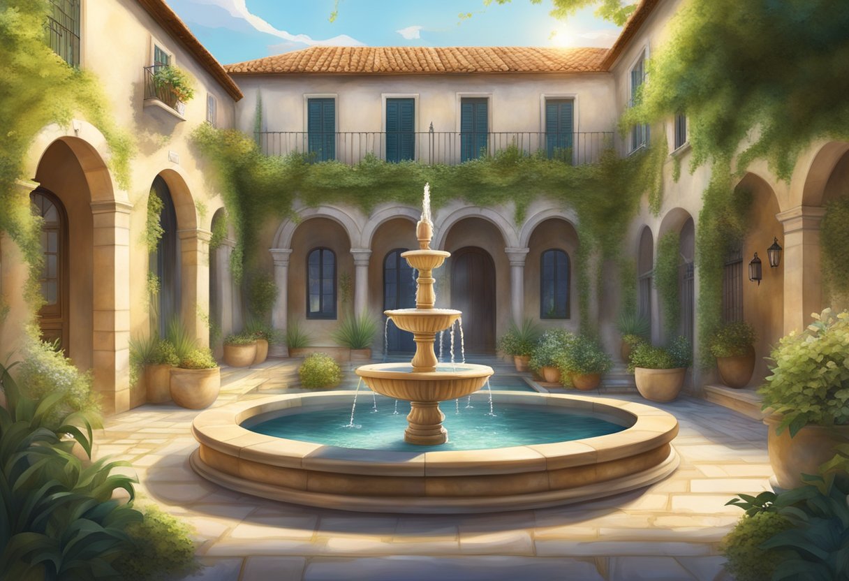 A serene Mediterranean courtyard with lush greenery and a tranquil fountain, surrounded by traditional stone architecture and bathed in warm sunlight