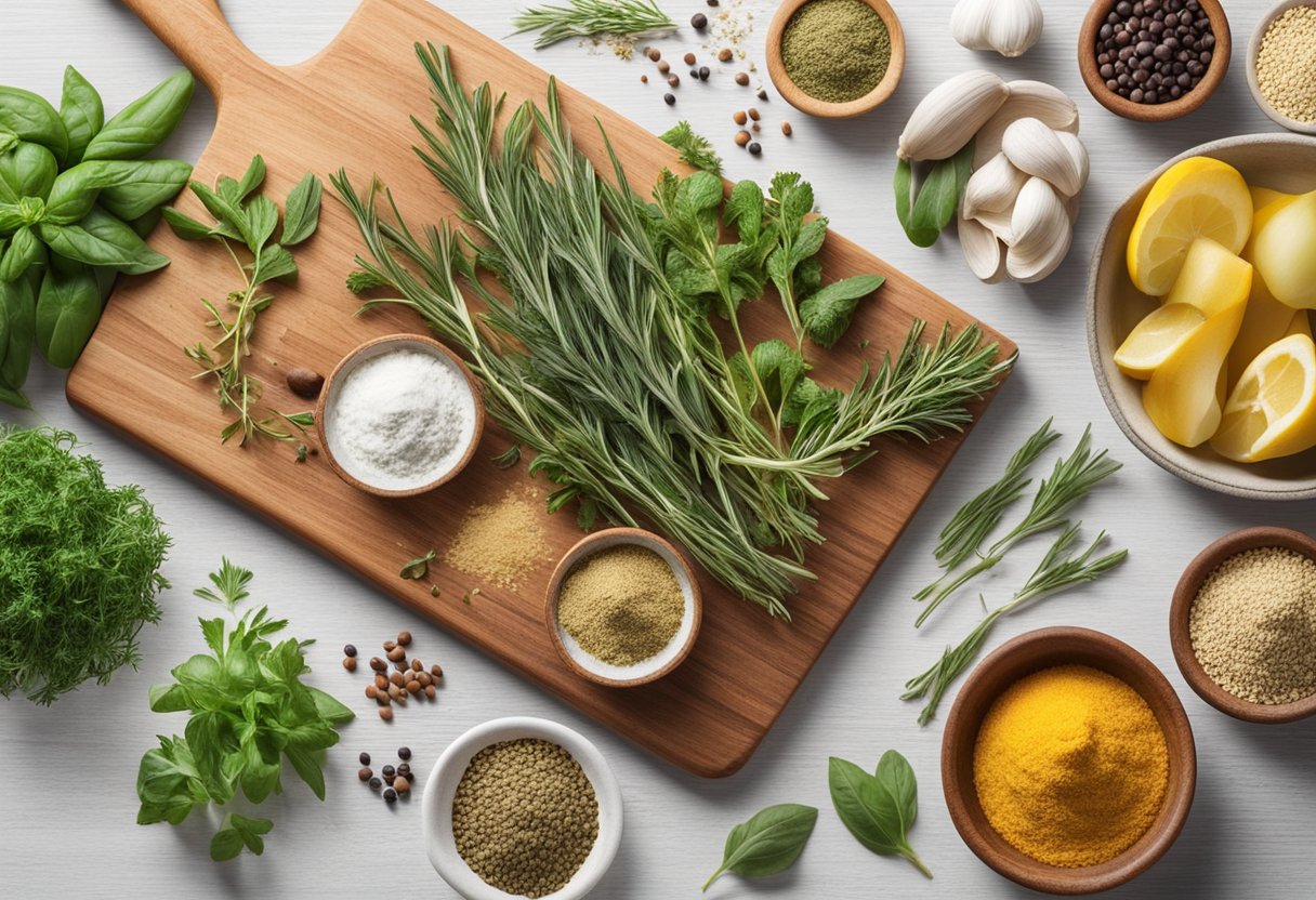 Fresh herbs and spices arranged on a wooden cutting board next to gluten-free Mediterranean ingredients