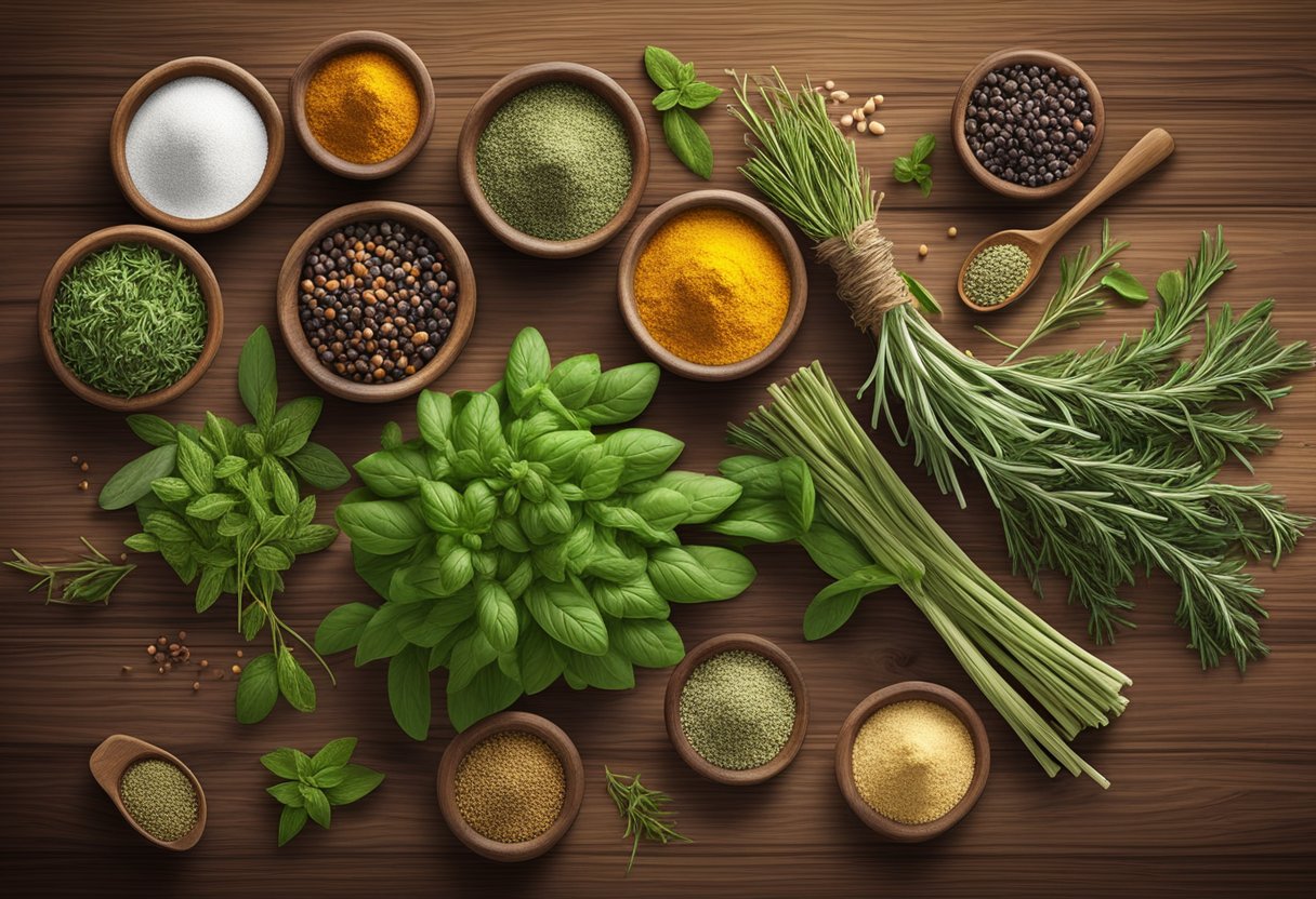 Fresh herbs and spices sourced from local farms, displayed on a sustainable wooden table. A variety of non-Mediterranean flavors for a gluten-free Mediterranean diet