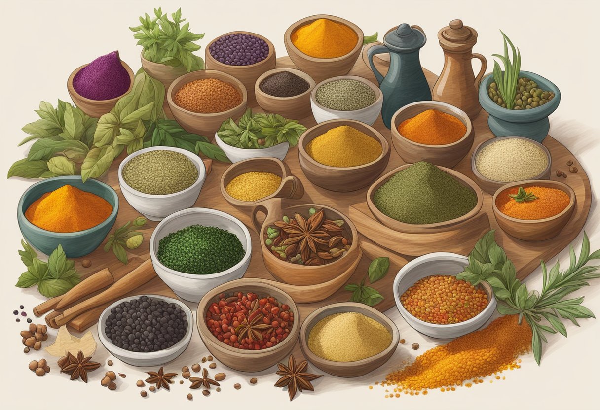 A table filled with vibrant spices and herbs from around the world, alongside fresh gluten-free Mediterranean ingredients. A diverse array of flavors and colors symbolizing the cultural and social impacts on the Mediterranean diet