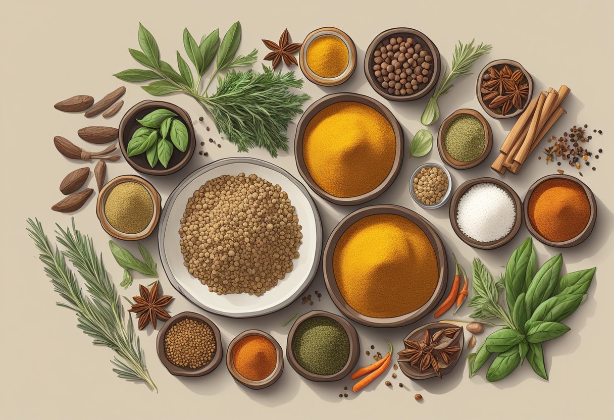 A kitchen counter with a variety of non-Mediterranean spices and herbs arranged next to gluten-free Mediterranean diet ingredients