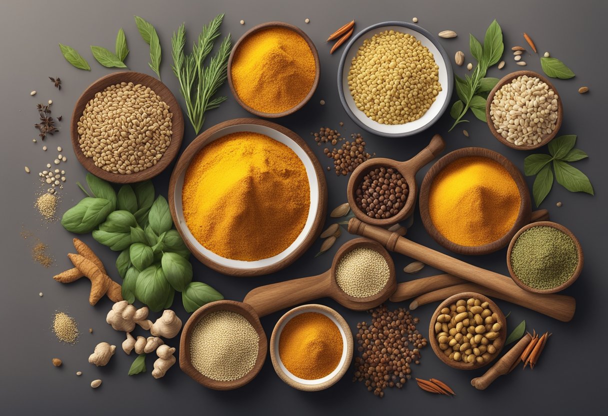 A table with various non-Mediterranean spices and herbs, such as turmeric, cumin, and ginger, alongside a bowl of gluten-free grains and vegetables