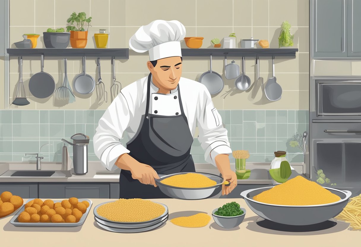 A chef prepares gluten-free fried foods in a clean, organized kitchen with separate utensils and equipment. Ingredients like chickpea flour, vegetables, and fish are being coated and fried in a pan with olive oil