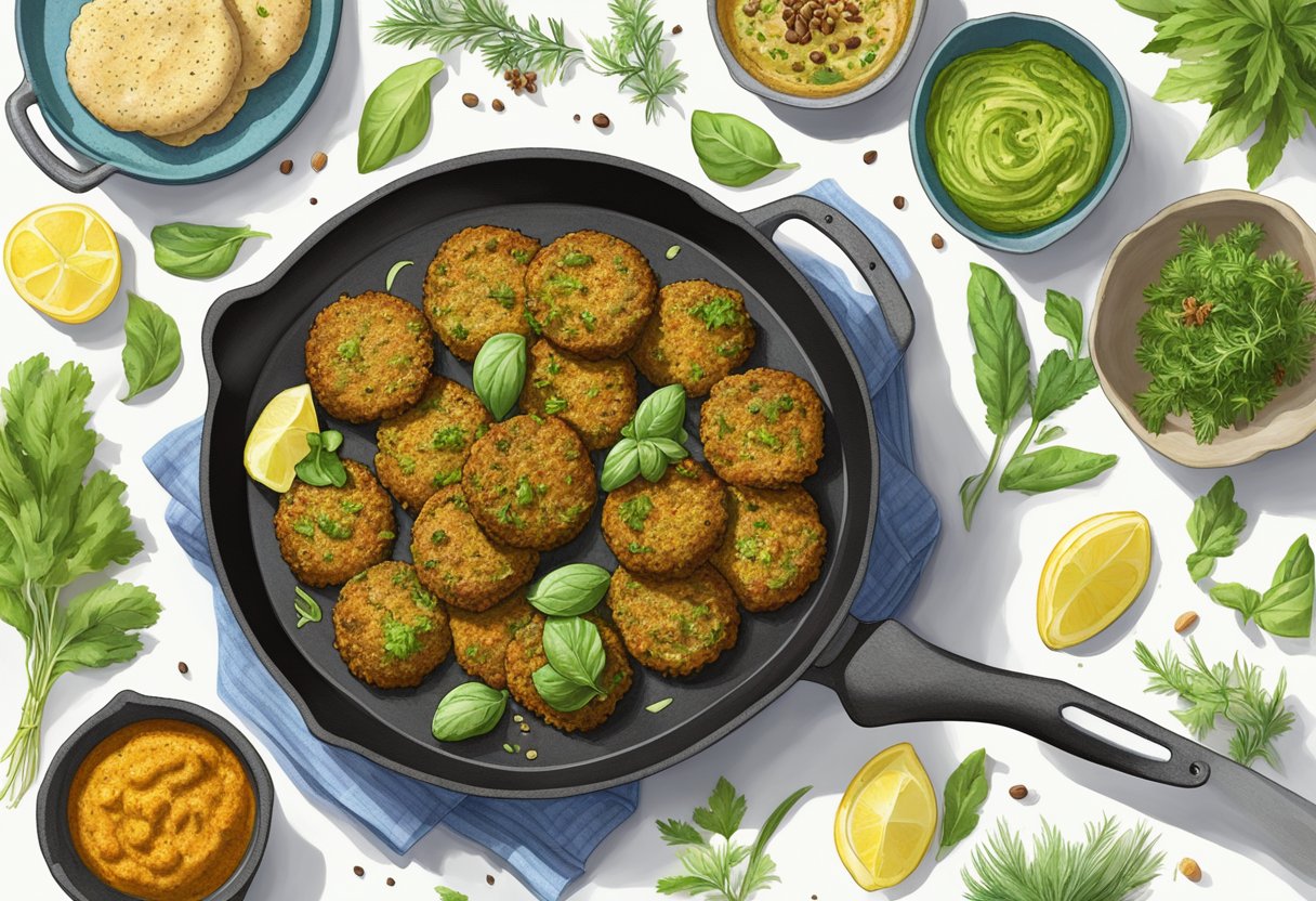 A sizzling pan of gluten-free falafel and crispy zucchini fritters, surrounded by vibrant Mediterranean herbs and spices