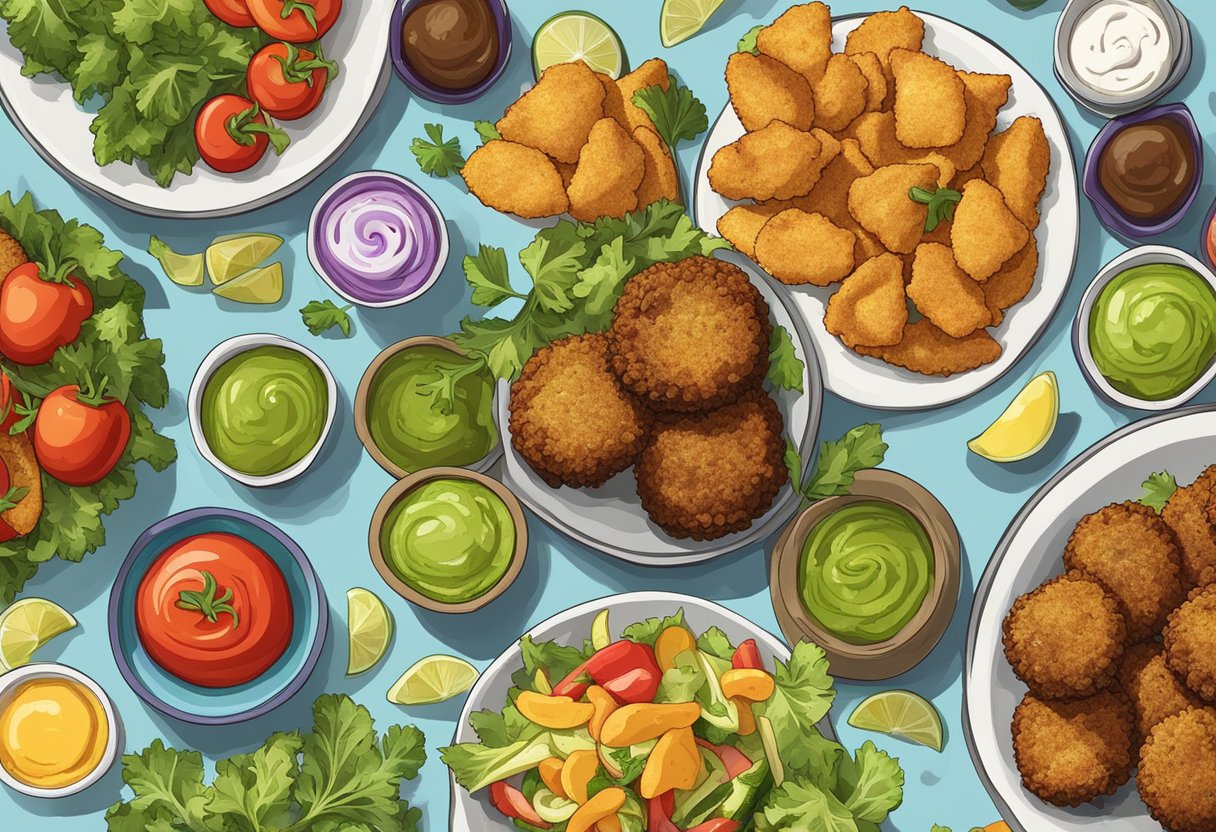 A table with colorful, crispy fried foods like falafel, zucchini fritters, and eggplant chips, alongside fresh vegetables and dips