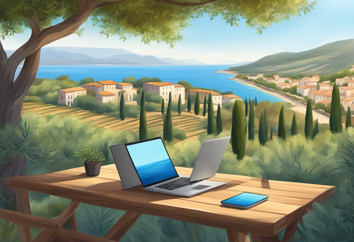 A tranquil Mediterranean landscape with a laptop and smartphone sitting on a rustic table, surrounded by olive trees and a view of the sea