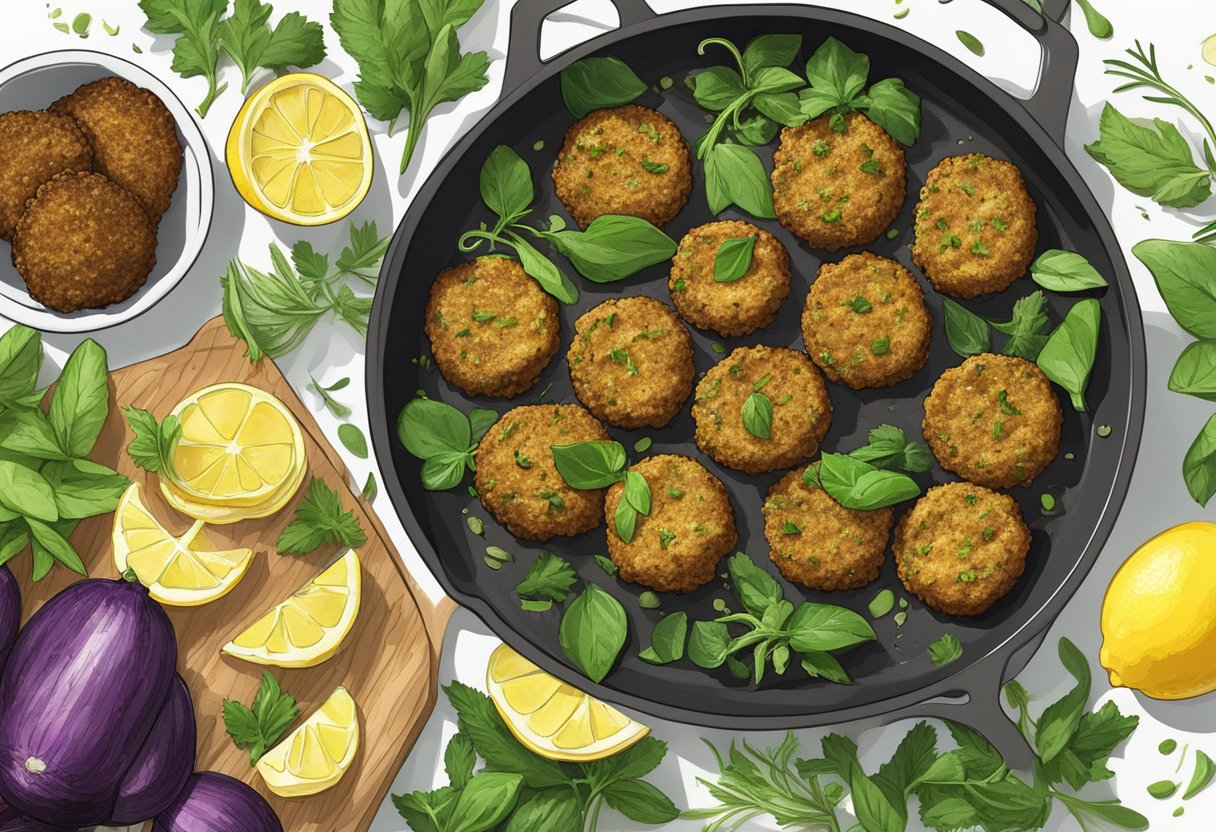 A sizzling pan of gluten-free falafel, zucchini fritters, and crispy eggplant slices, surrounded by fresh herbs and lemon wedges