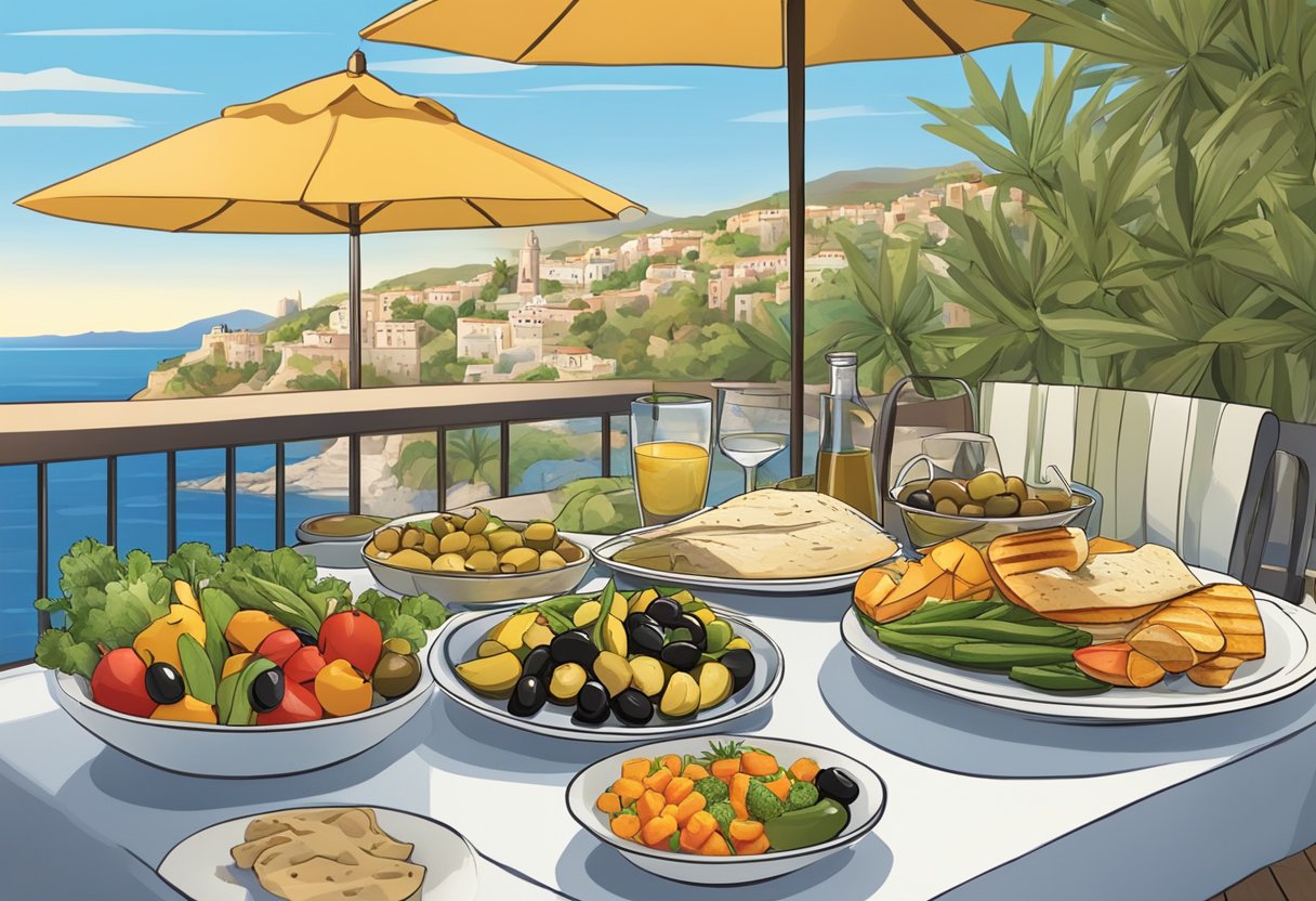 A table with a variety of gluten-free Mediterranean foods, including grilled vegetables, olives, hummus, and grilled fish. The setting is a sunny outdoor patio with a view of the ocean