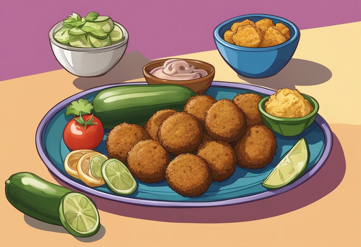 A variety of fried foods, such as falafel, zucchini fritters, and eggplant slices, are arranged on a colorful Mediterranean-themed platter