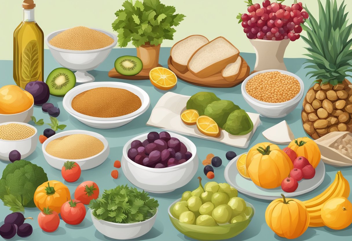 A table set with colorful fruits, vegetables, and grains, with a variety of high-sugar foods labeled "Gluten-Free Mediterranean Diet" in a Mediterranean setting