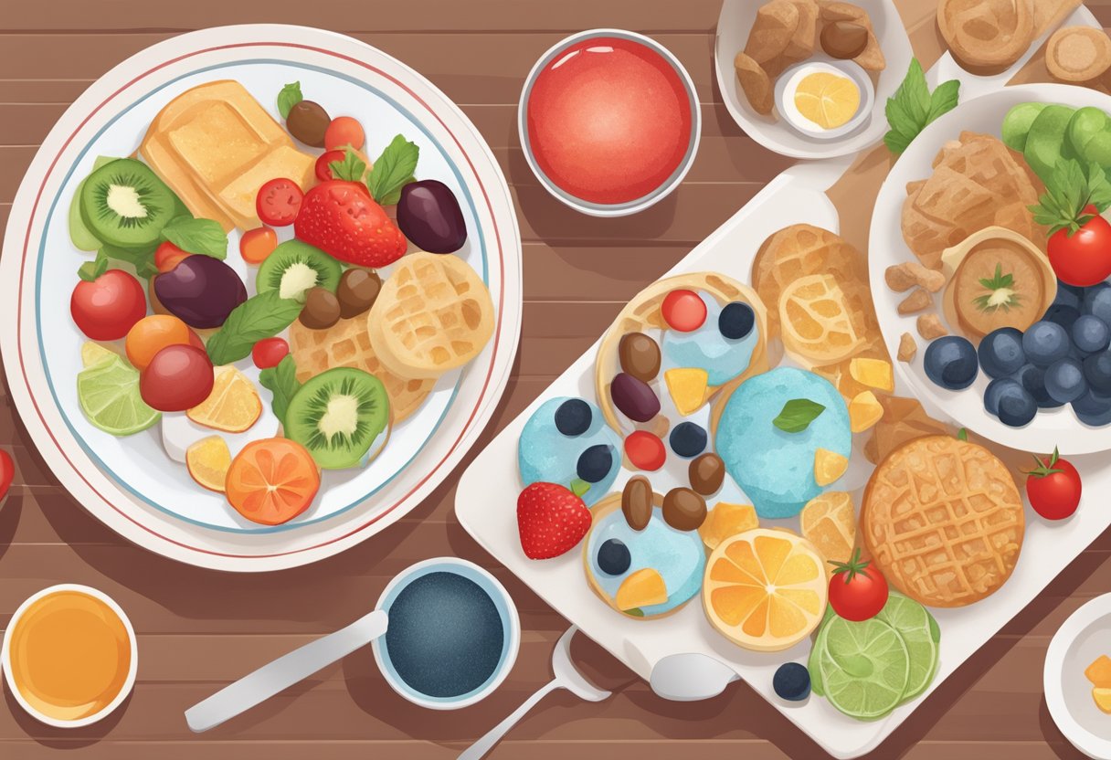 A table filled with sugary treats next to a Mediterranean diet plate. A red circle with a line through it hovers over the sugary foods